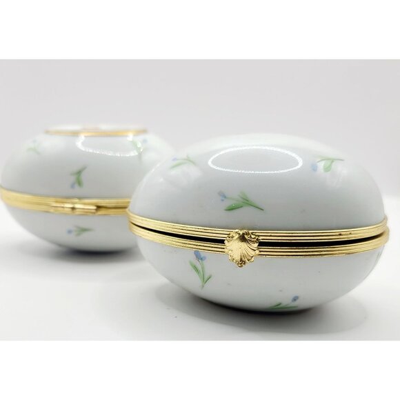 Vintage FM Limoges Porcelain Egg Trinket Dish Pill Box Floral Hinged Set of 2 - Picture 1 of 9